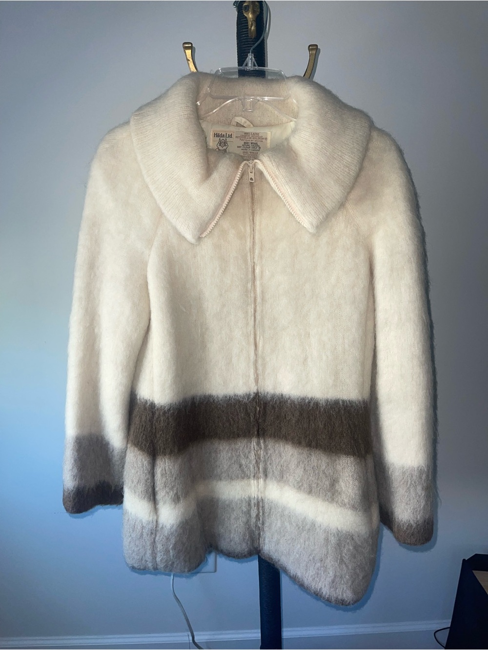VTG Hilda Ltd Coat Womens small cream ‎ Icelandic Wool Zip Lined Striped Sweater